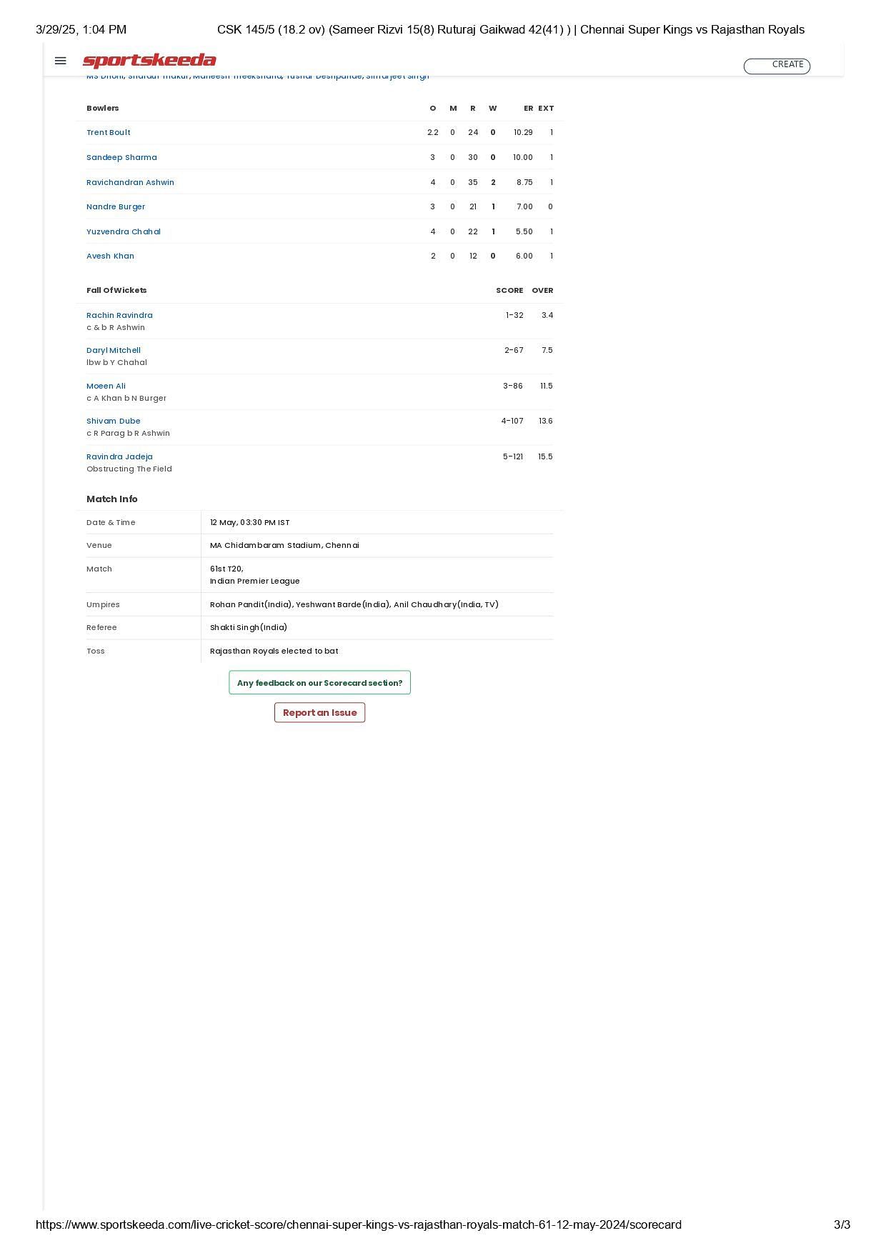 CSK vs RR IPL 2024 scorecard.
